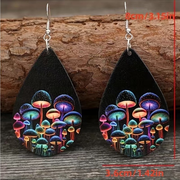Fluorescent Colorful Mushroom and Black Teardrop Leather Earrings - Picture 2 of 5